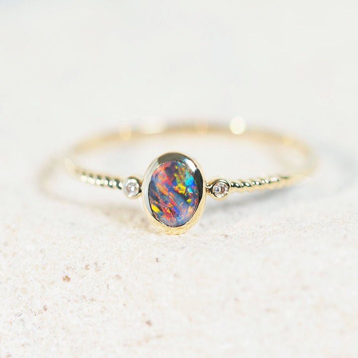 Viora – 14 Carat Gold Multicolor Black Opal Ring (with Diamonds)